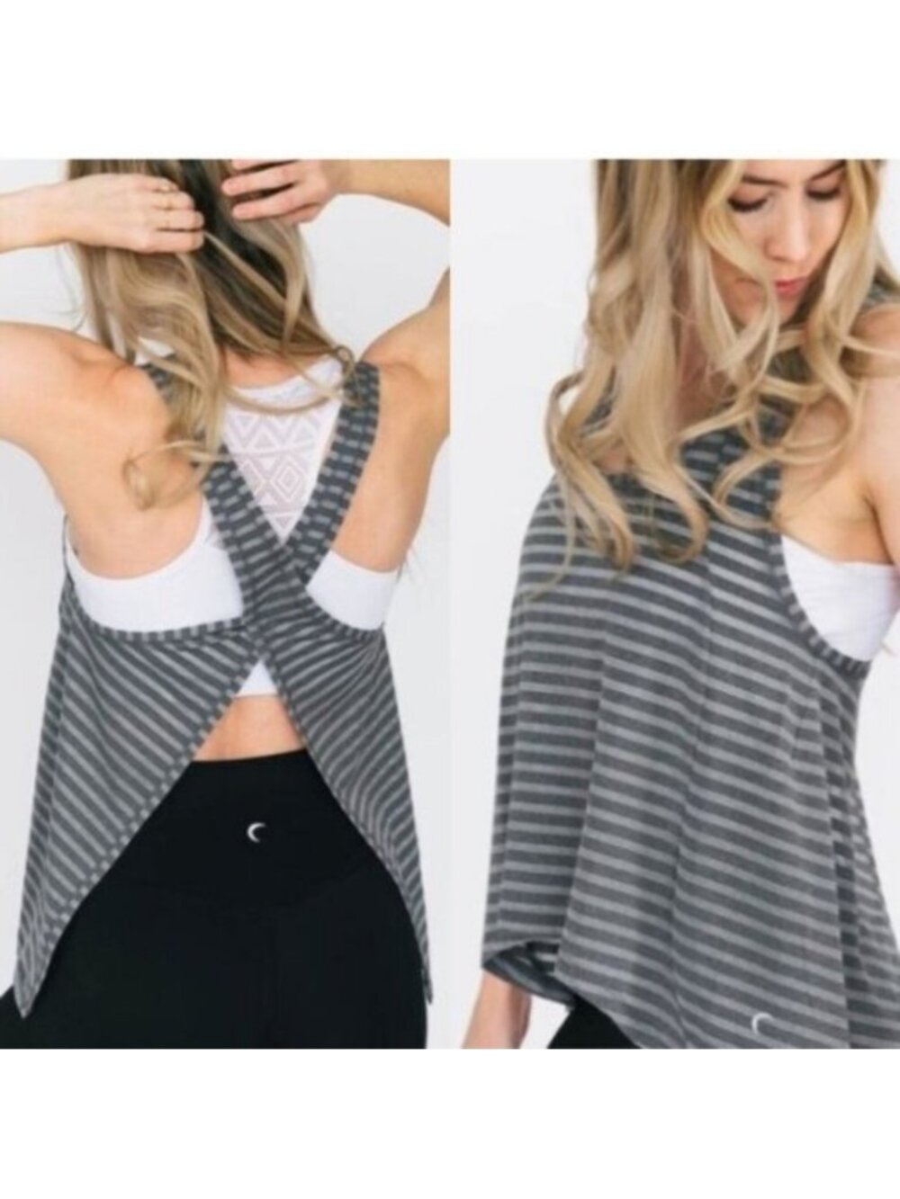 Zyia Active Nimbus Split Back Tank Top Gray Stripe Tie Yoga Activewear Workout